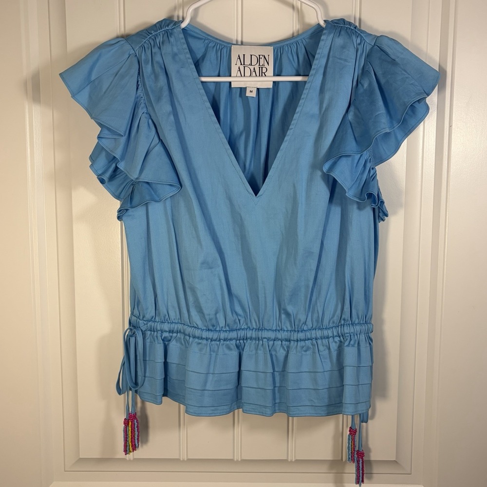 Alden Adair Blue Ruffle Sleeve V Neck Tassel Blouse Women's Medium
